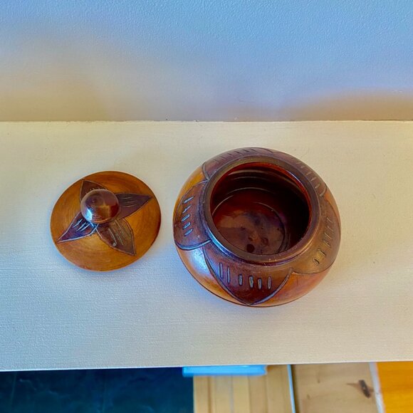 Carved Round Wooden Trinket Box - Picture 3 of 6